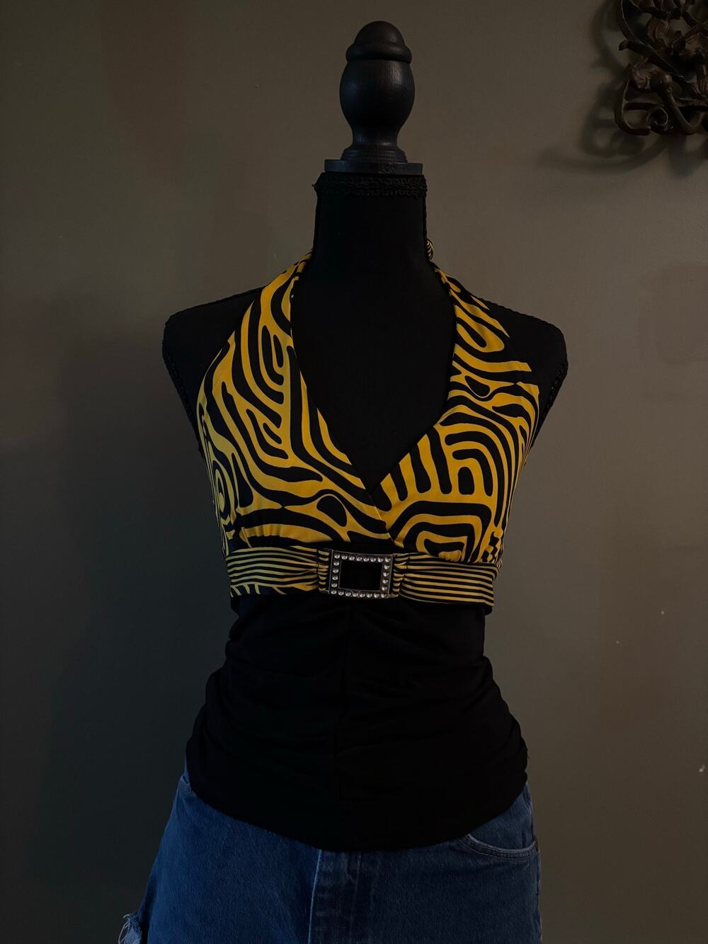 Vintage Y2K Twin Yellow Black Abstract Print Rhinestone Buckle Halter Top